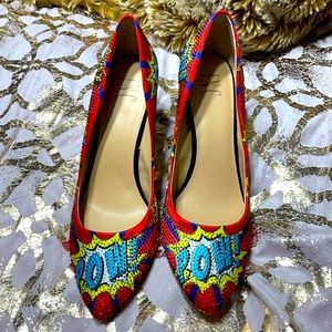 Never worn Inc crystal embellished red satin kitten heels with cartoon phrases.